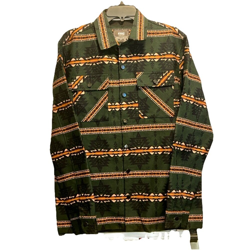 Nomad Craft Flow Spruce Green Aztec Button Up Twill Shirt Jacket Men's Medium